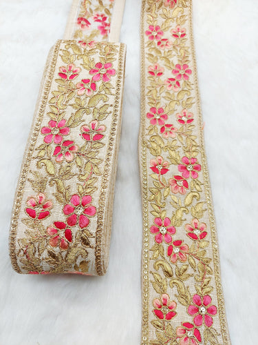 Beige Silk Fabric Trim with Gold and Pink Floral Embroidery, Sari Border Trim, Trim by Yard